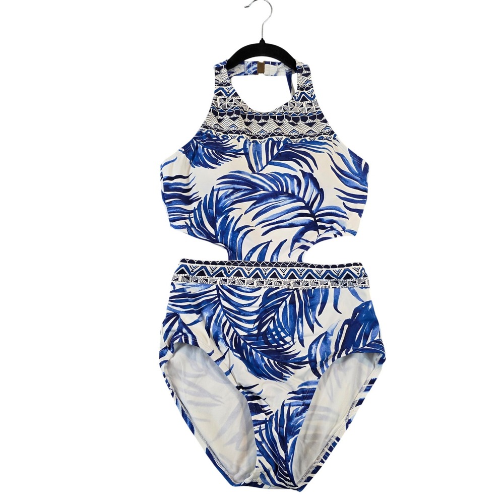 Tommy Bahama Womens Blue White Tropical Cutout High Neck One Piece Swimsuit 8